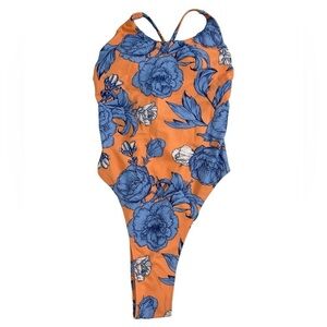 NWT Cupshe Floral Coral Orange & Blue One Piece Swimsuit